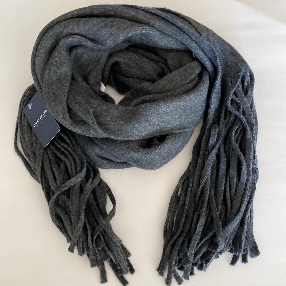 Lucky Brand large scarf wrap charcoal grey tassels unisex NWT cozy soft